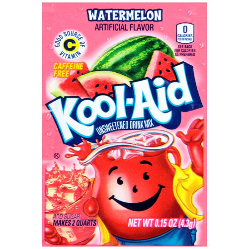 Front of Kool Aid Watermelon Drink Mix sachet showing bright pink packaging with watermelon images and product title (4.3g)