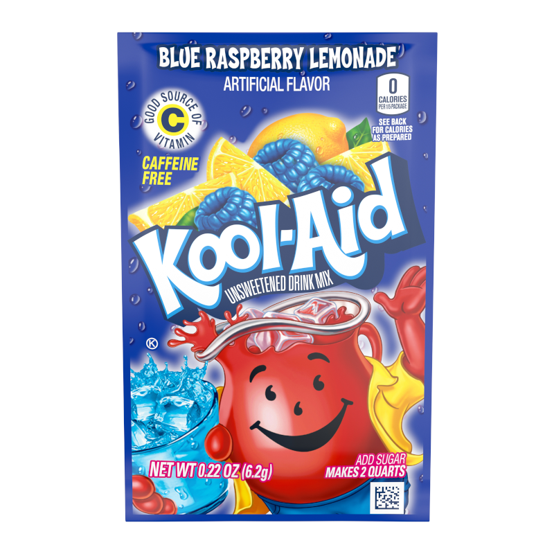 Front of Kool Aid Blue Raspberry Lemonade Drink Mix sachet showing bright blue packet, flavour details, and serving instructions (6.2g pack)