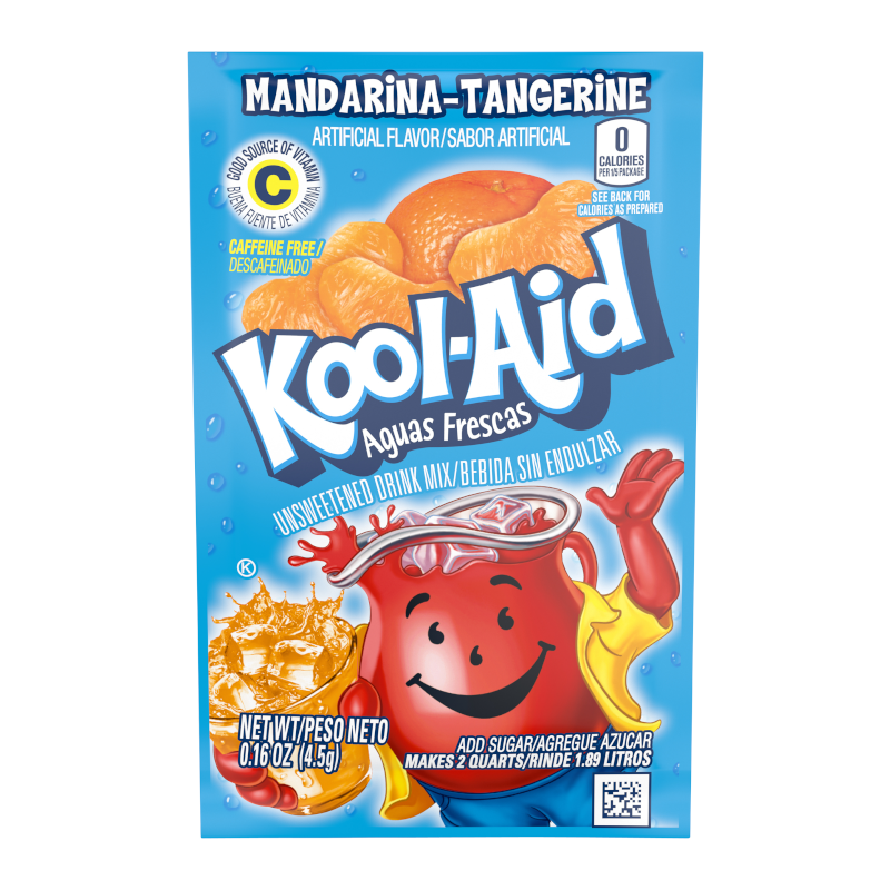 Front of Kool Aid Mandarina-Tangerine Drink Mix Sachet showing bright blue packaging with tangerine fruit, logo, and 4.5g pack size.