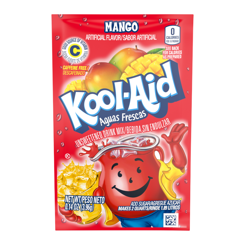 Front of Kool Aid Mango Drink Mix Sachet showing vibrant red packaging, mango flavour label, and Kool Aid logo (3.96g pack)
