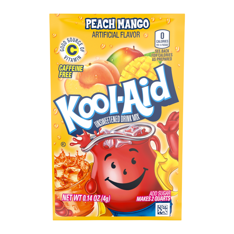 Front of Kool Aid Peach Mango Drink Mix sachet showing vibrant yellow packaging with peach and mango imagery, and 4.2g size details.