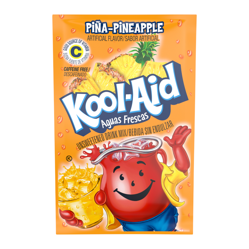 Front of Kool Aid Pineapple Drink Mix sachet displaying bright orange packaging, pineapple illustration, and Kool Aid logo (3.96g)