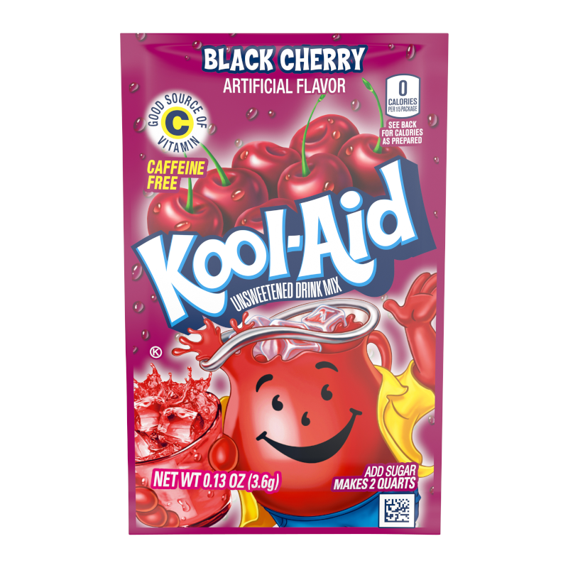 Front of Kool Aid Black Cherry Drink Mix sachet showing bright pink packaging, black cherry flavour title, and details (3.6g pack)