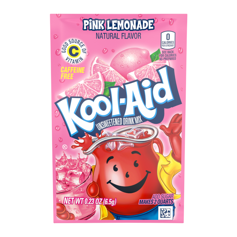 Front of Kool Aid Pink Lemonade Drink Mix sachet showing bright pink packaging, Kool-Aid logo, and images of lemons (6.5g)