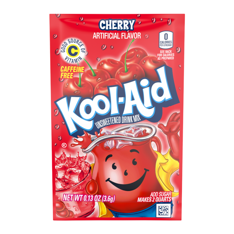Front of Kool Aid Cherry Drink Mix sachet showing vibrant red packaging, Kool Aid logo, and cherry flavour label (3.6g).