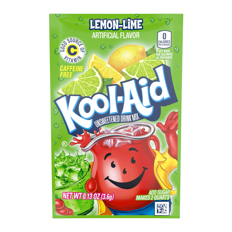 Front of Kool Aid Lemon Lime Drink Mix sachet featuring bright green packaging, lemon-lime flavour indication, and pack size of 3.6g