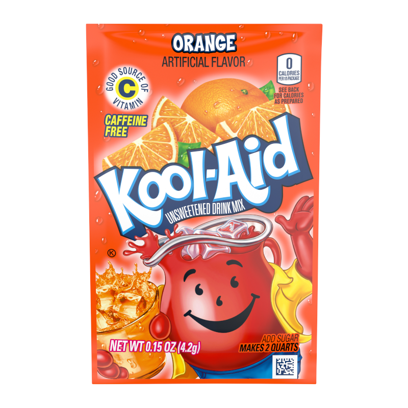 Front of Kool Aid Orange Drink Mix sachet featuring bright orange colour, logo, orange slices, and pack size (4.2g)