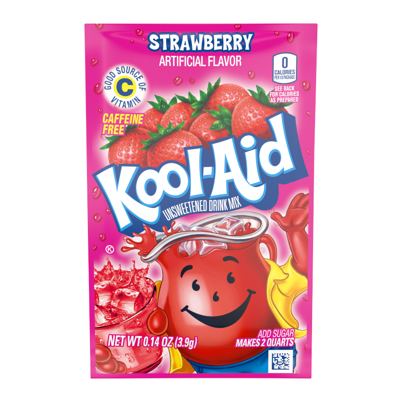 Front of Kool Aid Strawberry Drink Mix sachet showing vibrant pink design, strawberry flavour label, and pack size of 3.9g