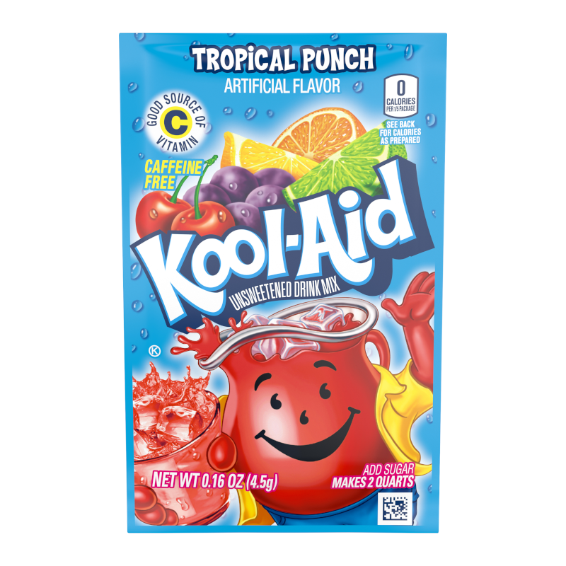 Front of Kool Aid Tropical Punch Drink Mix sachet showing vibrant colours, tropical fruits illustration, and 5.3g pack size