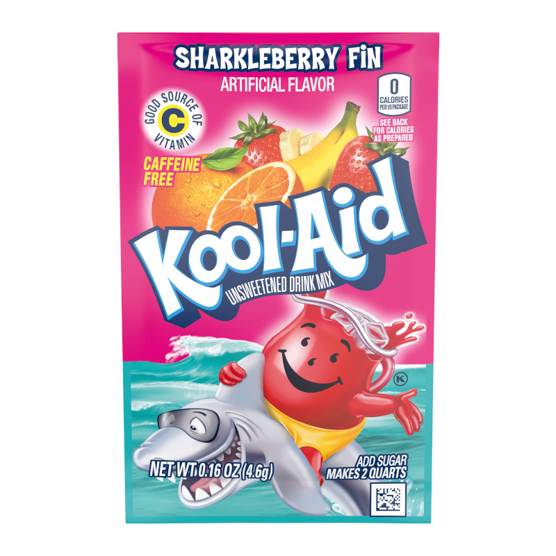 Front of Kool Aid Sharkleberry Fin Drink Mix sachet featuring vibrant pink packaging, Kool-Aid logo, shark character, and fruit illustrations (4.6g)