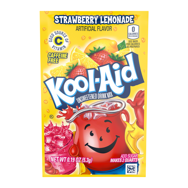 Front of Kool Aid Strawberry Lemonade Drink Mix Sachet showing bright yellow packaging, Kool Aid logo, and images of strawberries and lemons (5.3g pack)