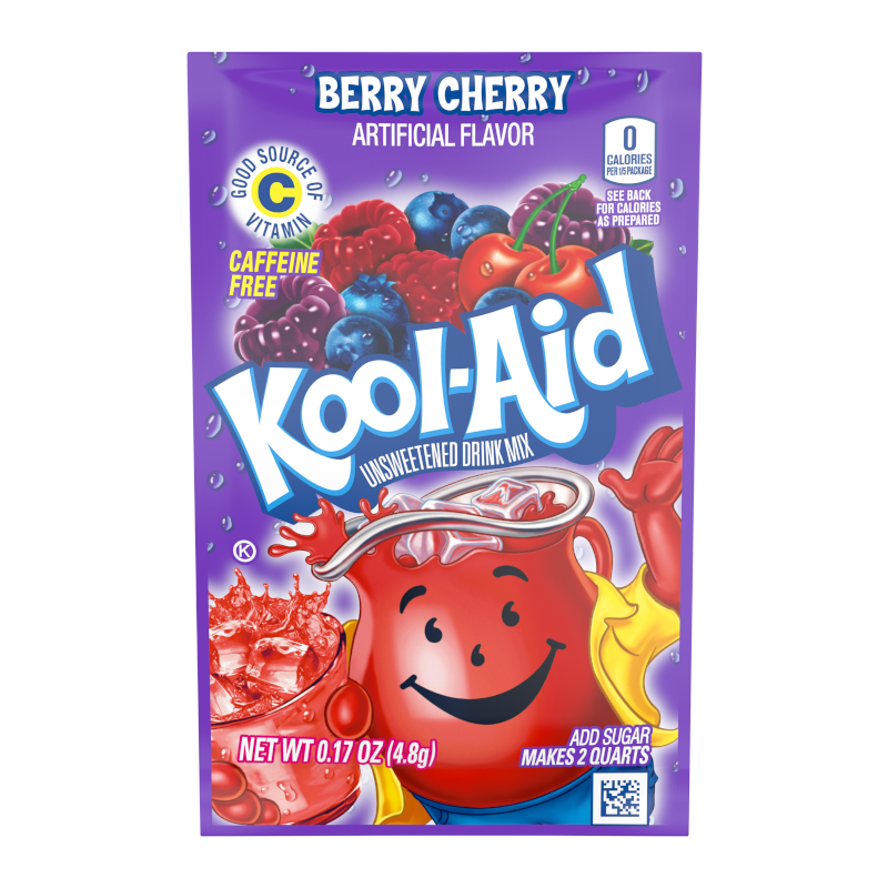 Front of Kool Aid Berry Cherry Drink Mix Sachet showing vibrant purple packaging with berry cherry flavour, Kool Aid logo, and details (4.8g sachet)