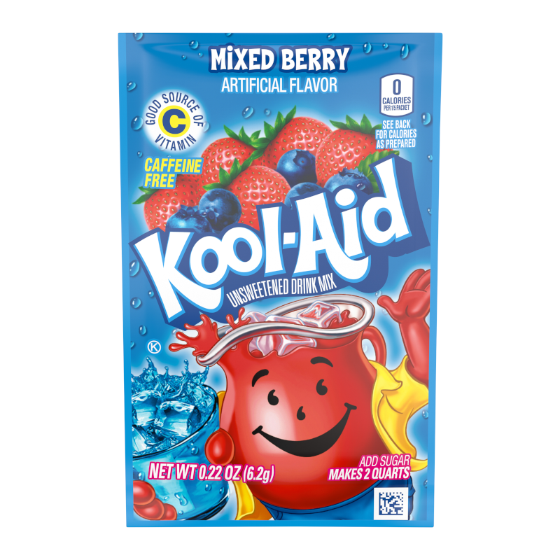 Front of Kool Aid Mixed Berry Drink Mix sachet showing bright blue packaging, mixed berry flavour visuals, and 6.2g size indication.