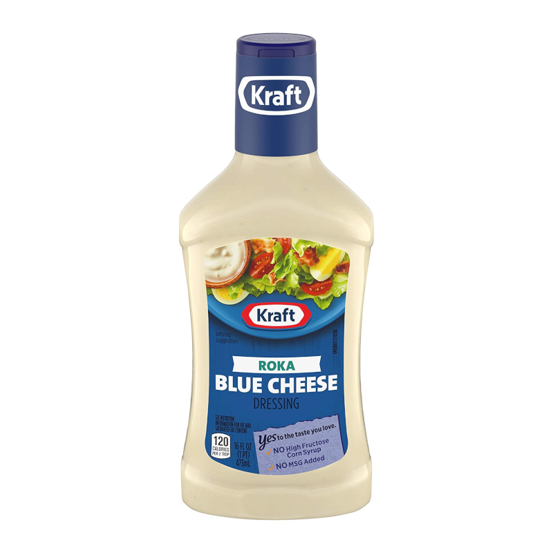 Front of Kraft Roka Blue Cheese Dressing bottle featuring the logo, blue cheese flavour label, and serving suggestion with a salad (227ml pack)
