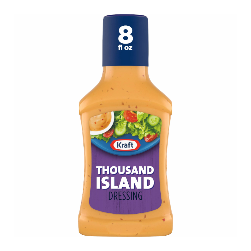 Front of Kraft Thousand Island Dressing bottle showing logo, dressing label, and vibrant vegetable imagery (227ml pack)