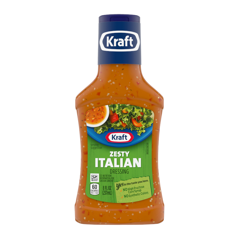 Front of Kraft Zesty Italian Dressing bottle featuring a vibrant label, salad image, and 227ml size indication.