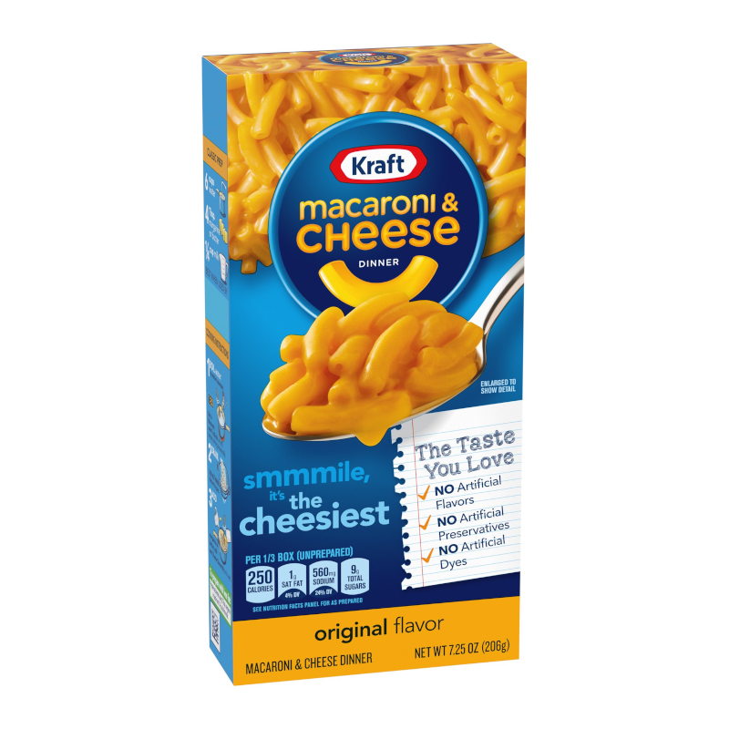 Front of Kraft Macaroni Cheese Original box showing blue logo, creamy cheese flavour label, and image of cheesy pasta (206g pack)