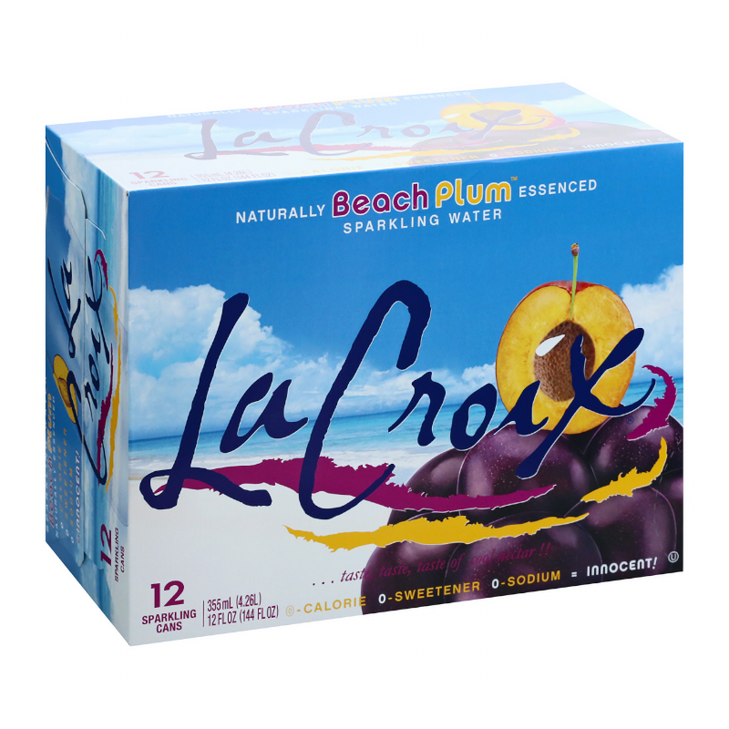 Front of La Croix Beach Plum sparkling water case showing logo, beach plum flavour, and 12 pack of 355ml cans