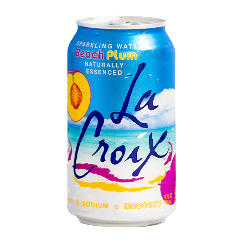 Front of La Croix Beach Plum can showing blue and yellow design, logo, and beach plum imagery (355ml can)