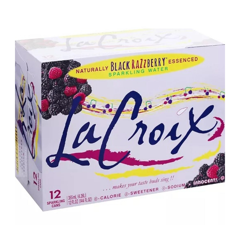 Front of La Croix Black RazzBerry case showing bold logo, black raspberry flavour label, and pack size of 12 (355ml cans)