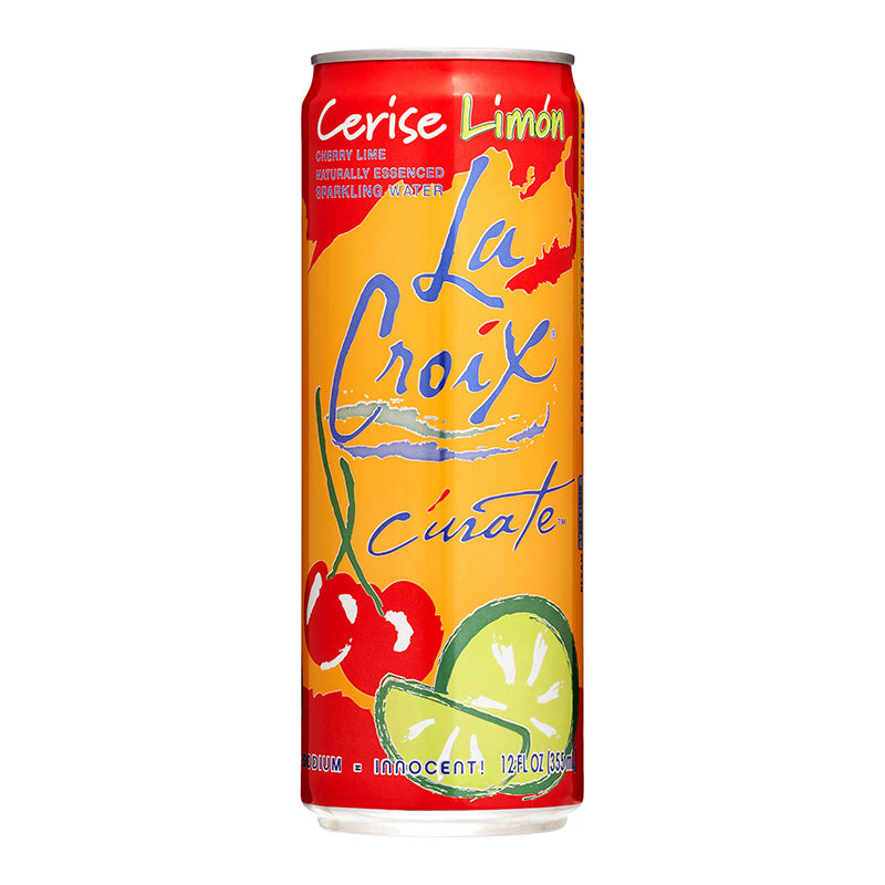 Front of La Croix Cherry Lime can featuring bright artwork, cherry and lime graphics, and 355ml label.