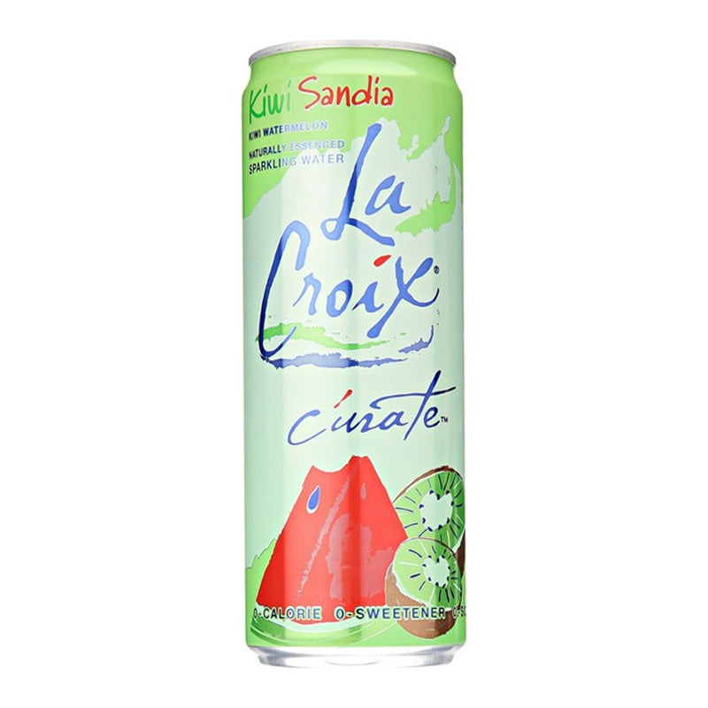 Front of La Croix Kiwi Watermelon can showing vibrant green and red design, kiwi and watermelon illustration, and 355ml pack size.