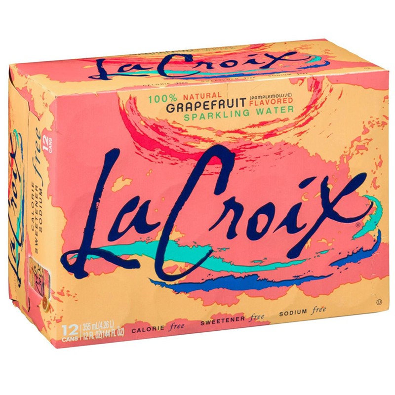 Front of La Croix Pamplemousse box displaying vibrant design, grapefruit flavour, and details for a case of 12 (355ml cans)