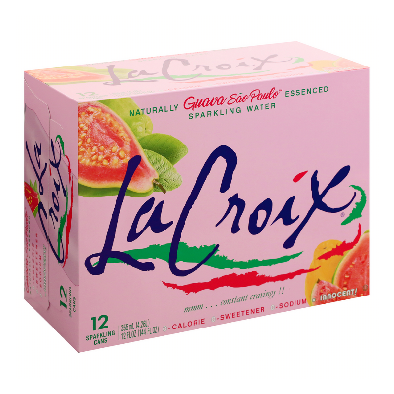Front of La Croix Guava Sao Paulo case displaying logo, guava flavour graphics, and pack size of 12 x 355ml sparkling water cans.