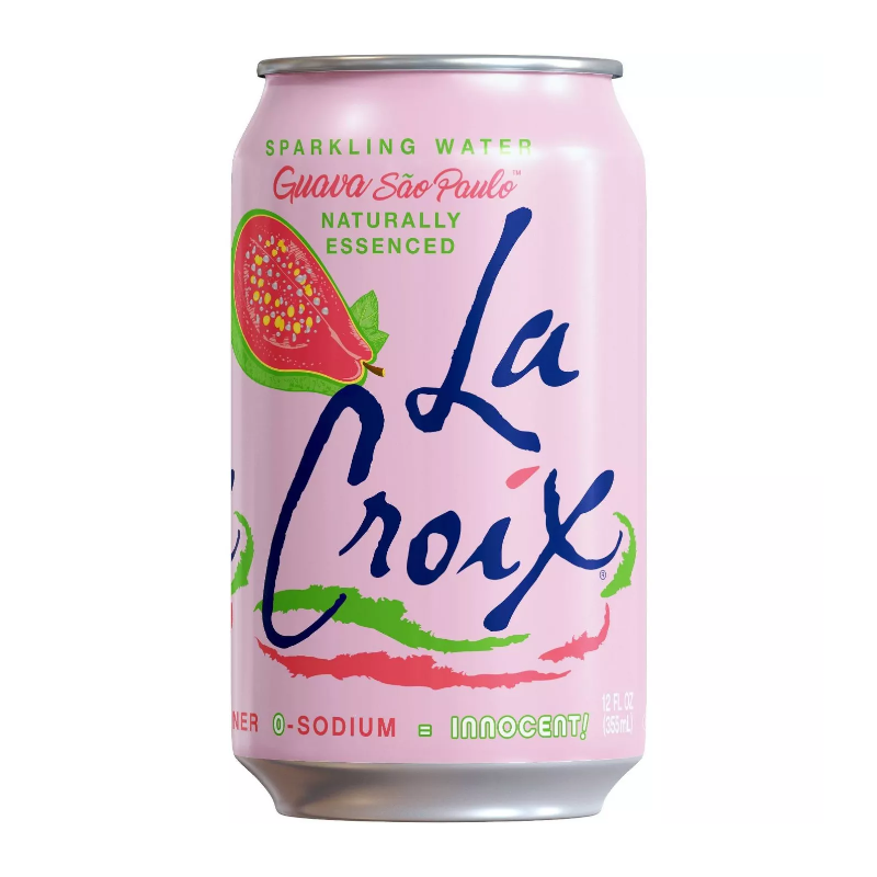 Front of La Croix Guava Sao Paolo can showing pink label, guava illustration, and sparkling water branding (355ml)