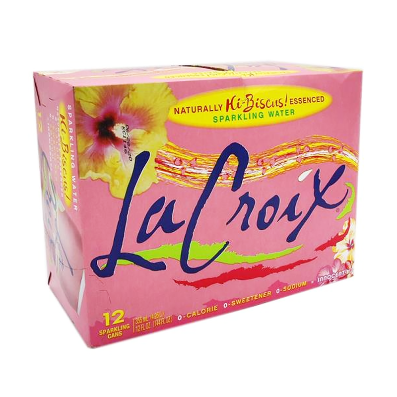 Front of La Croix Hibiscus sparkling water case showing pink packaging, hibiscus floral design, and 12 sparkling cans (355ml x12)