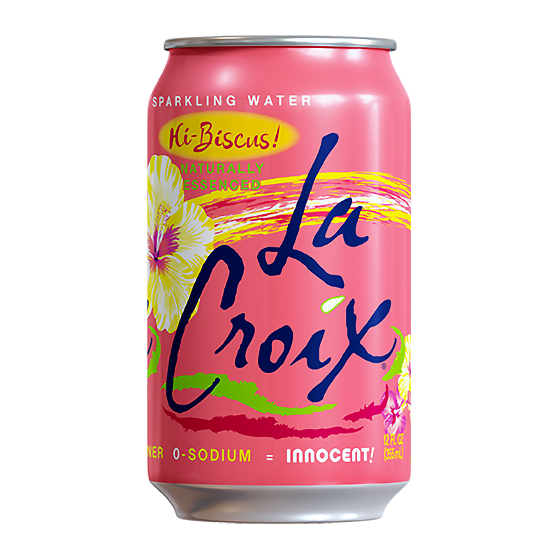 Front of La Croix Hibiscus can showing pink branding, hibiscus flavour text, and sparkling water label (355ml can)