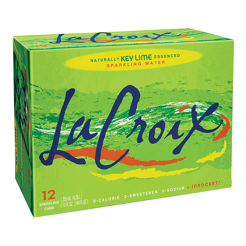 Front of La Croix Key Lime packaging showing bright green design, key lime flavour label, and 12 pack of sparkling water (355ml x12)