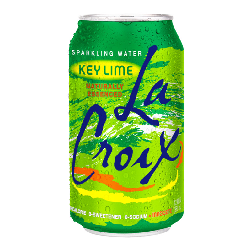 Front of La Croix Key Lime sparkling water can showing vibrant yellow and green design, key lime flavour label, and 355ml quantity.