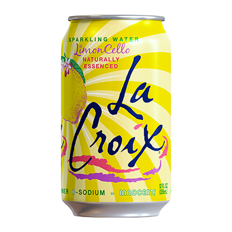 Front of La Croix Limoncello can featuring a bright yellow design, limoncello flavour label, and logo (355ml pack)