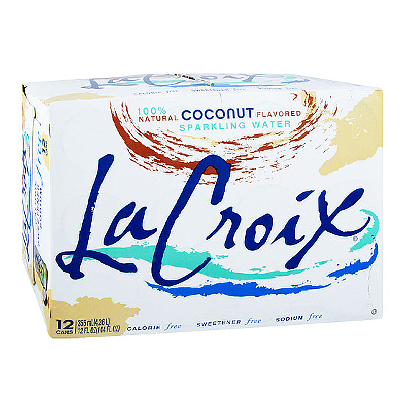 Front of La Croix Coconut Case showing the logo, coconut flavour label, and packaging details (12 cans of 355ml)