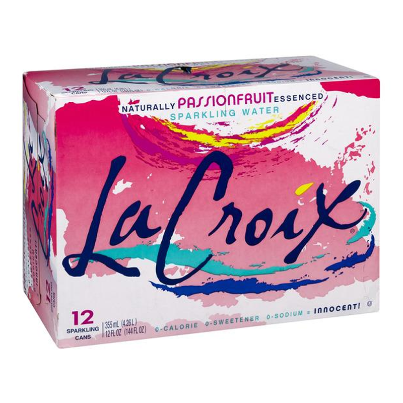 Front of La Croix Passionfruit box showing vibrant design, La Croix logo, passionfruit flavour label, and 12 sparkling cans (355ml each)