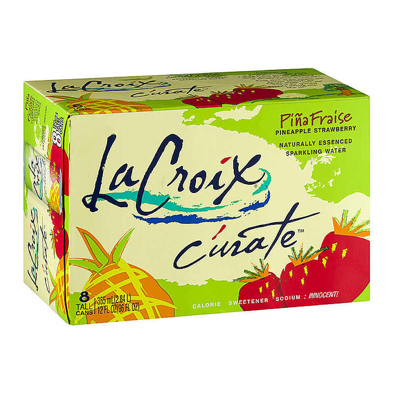 Front of La Croix Pineapple Strawberry case showing vibrant design, brand logo, and flavour details, with 8 cans of sparkling water (355ml x8)