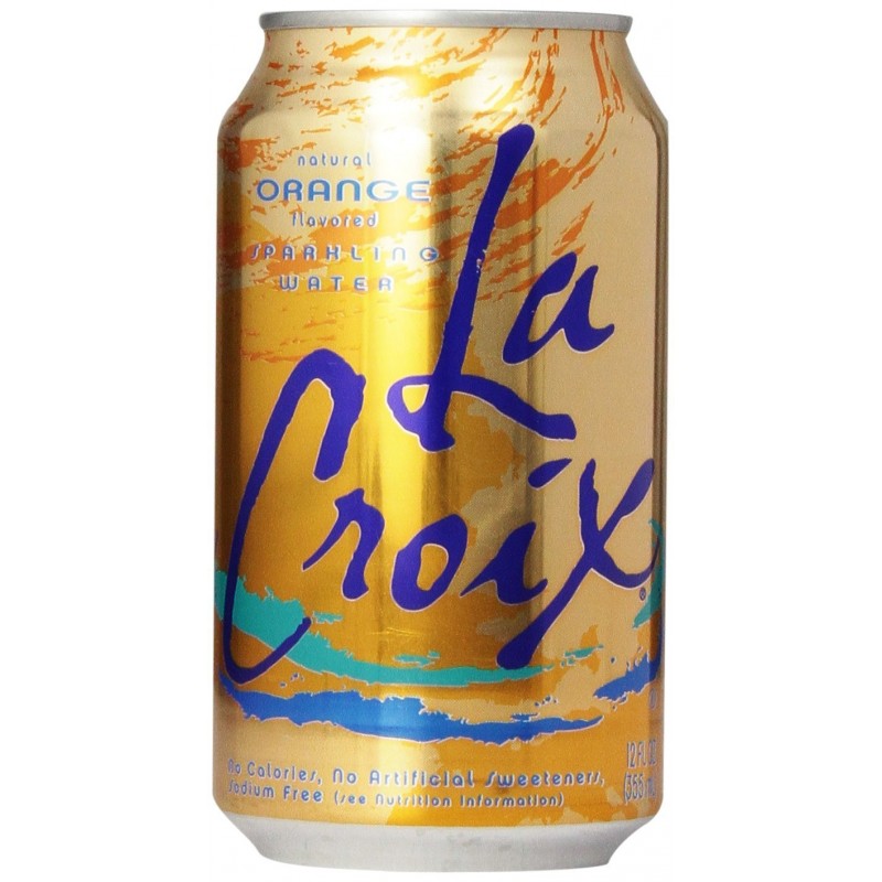 Front of La Croix Orange can showing natural orange flavour label, sparkling water text, and vibrant orange design (355ml can)