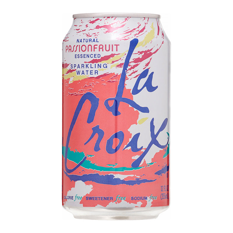 Front of La Croix Passionfruit can displaying the logo, natural passionfruit essence label, and colourful design (355ml can)