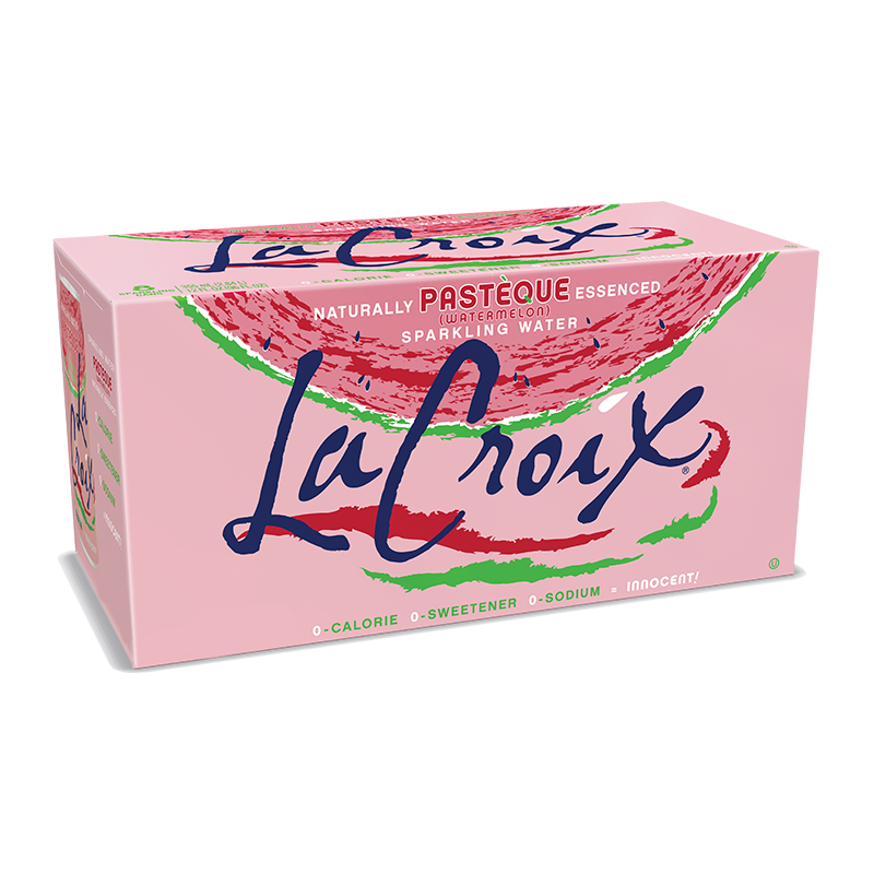 Front of La Croix Pasteque (Watermelon) case showing brand logo, watermelon flavour, and pack size of 12 (355ml cans)