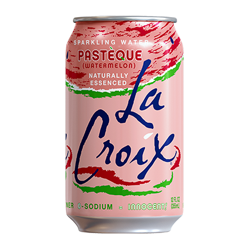 Front of a La Croix Pasteque (Watermelon) can showing logo, vibrant watermelon graphics, and sparkling water branding (355ml pack)