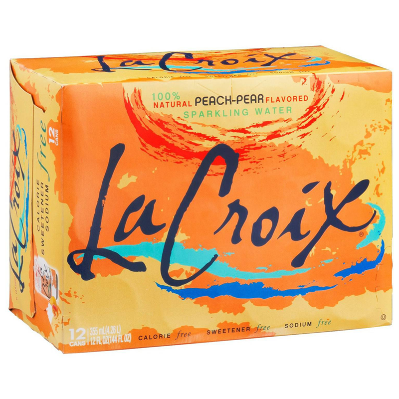 Front of La Croix Peach Pear sparkling water case showing vibrant orange design, 100% natural peach-pear flavour label, and 12 cans (355ml each)