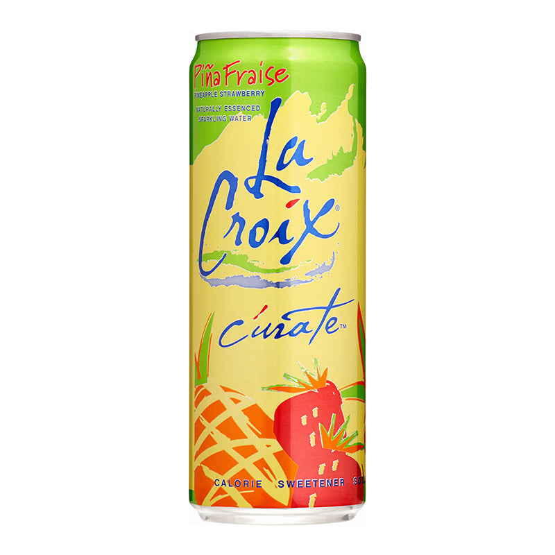 Front of La Croix Pineapple Strawberry can displaying vibrant yellow and green design, featuring pineapple and strawberry illustrations (355ml size)