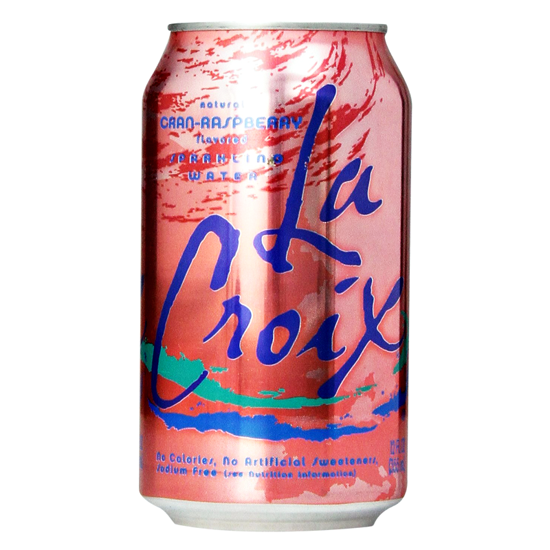 Front of La Croix Cranberry Raspberry can showing pink design with the logo and cranberry raspberry flavour label (355ml)