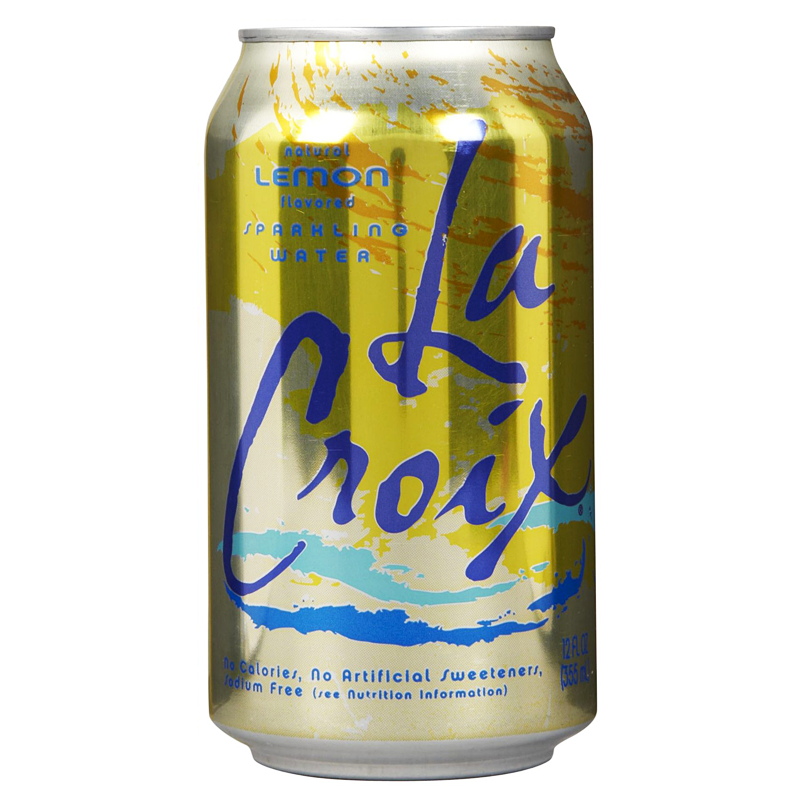 Front of La Croix Lemon can showing yellow design, natural lemon flavour, and sparkling water label (355ml)