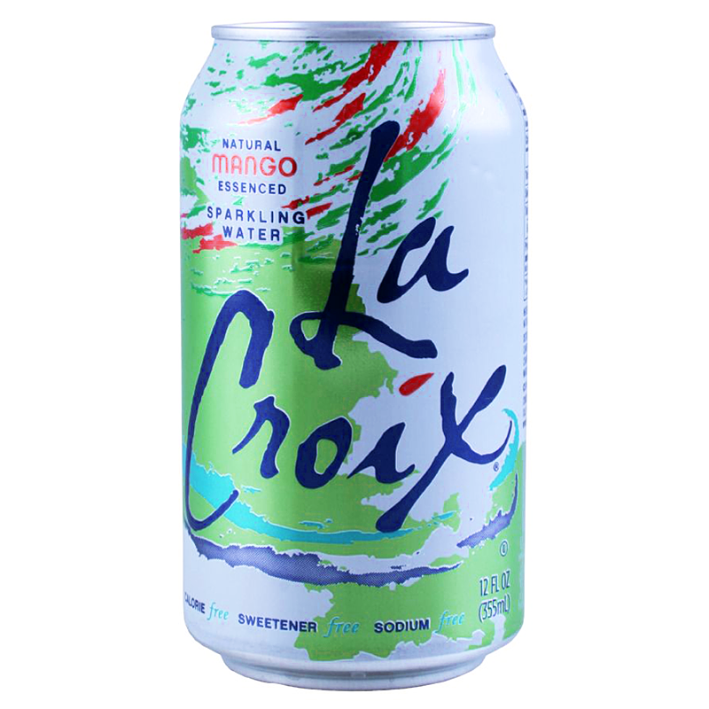 Front of La Croix Mango sparkling water can showing the logo, mango flavour label, and lively green design (355ml)