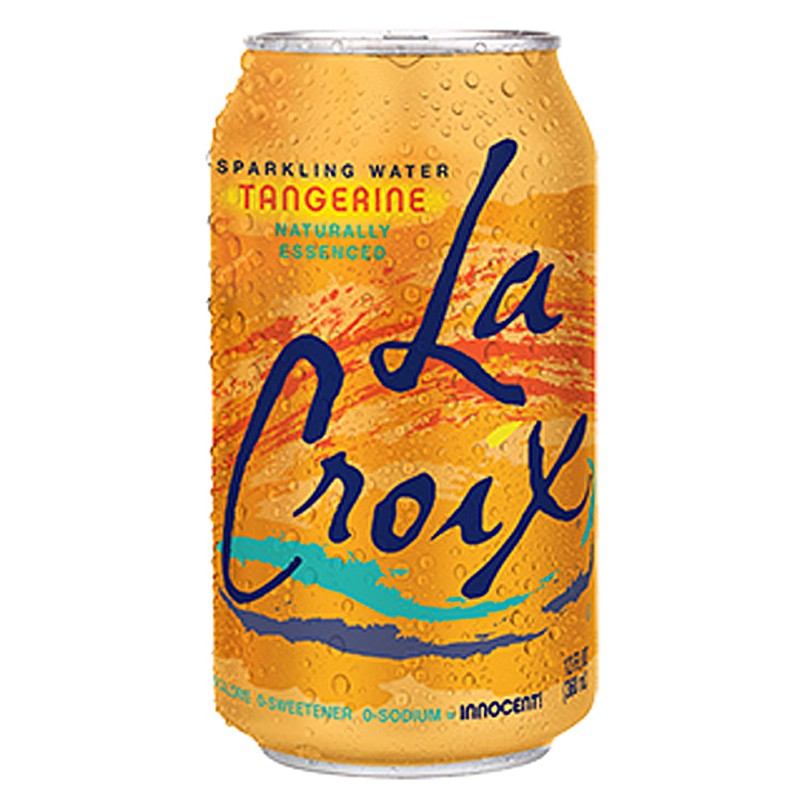Front of La Croix Tangerine can showing vibrant orange design, La Croix logo, and “Sparkling Water Tangerine” label (355ml)