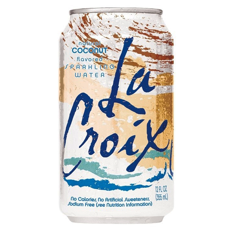 Front of La Croix Coconut sparkling water can showing logo, natural coconut flavour text, and 355ml size