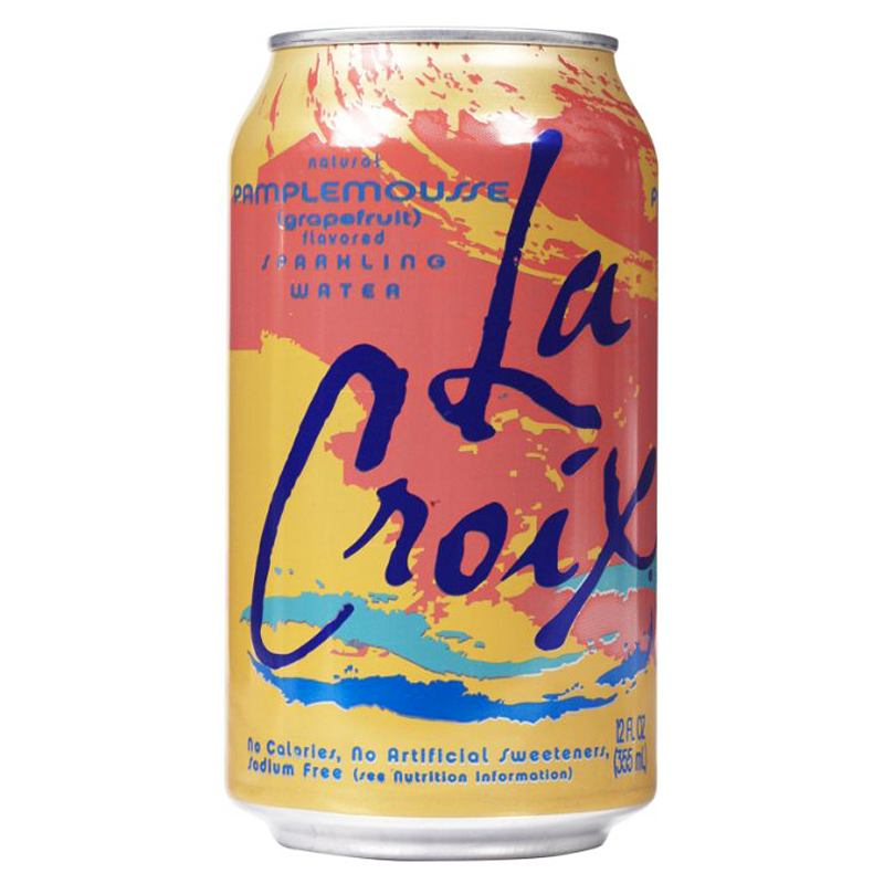 Front of La Croix Pamplemousse (Grapefruit) can showing vibrant design, natural grapefruit flavour, and 355ml pack size