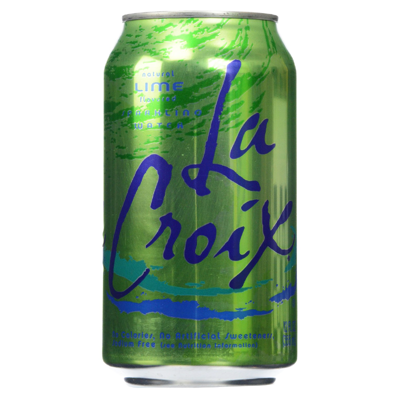 Front of La Croix Lime can showing vibrant green design, lime flavour text, and sparkling water label (355ml pack)